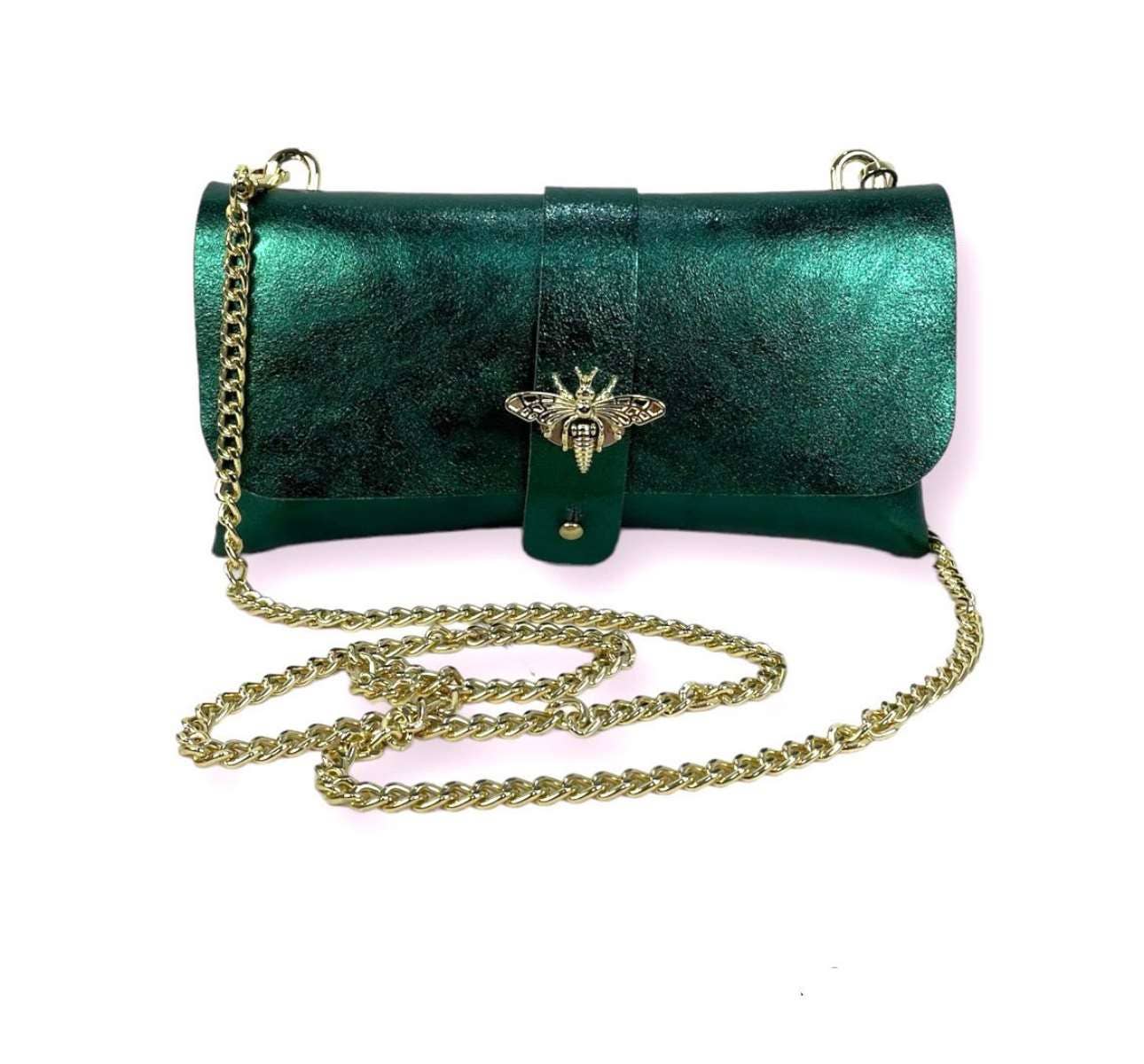 Women's Leather Party Bag with Chain Handle and Shine Effect