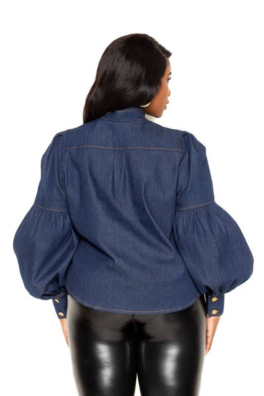 Denim Puff Sleeve Blouse With Tie