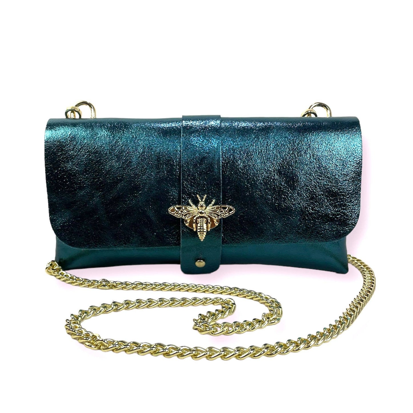 Women's Leather Party Bag with Chain Handle and Shine Effect