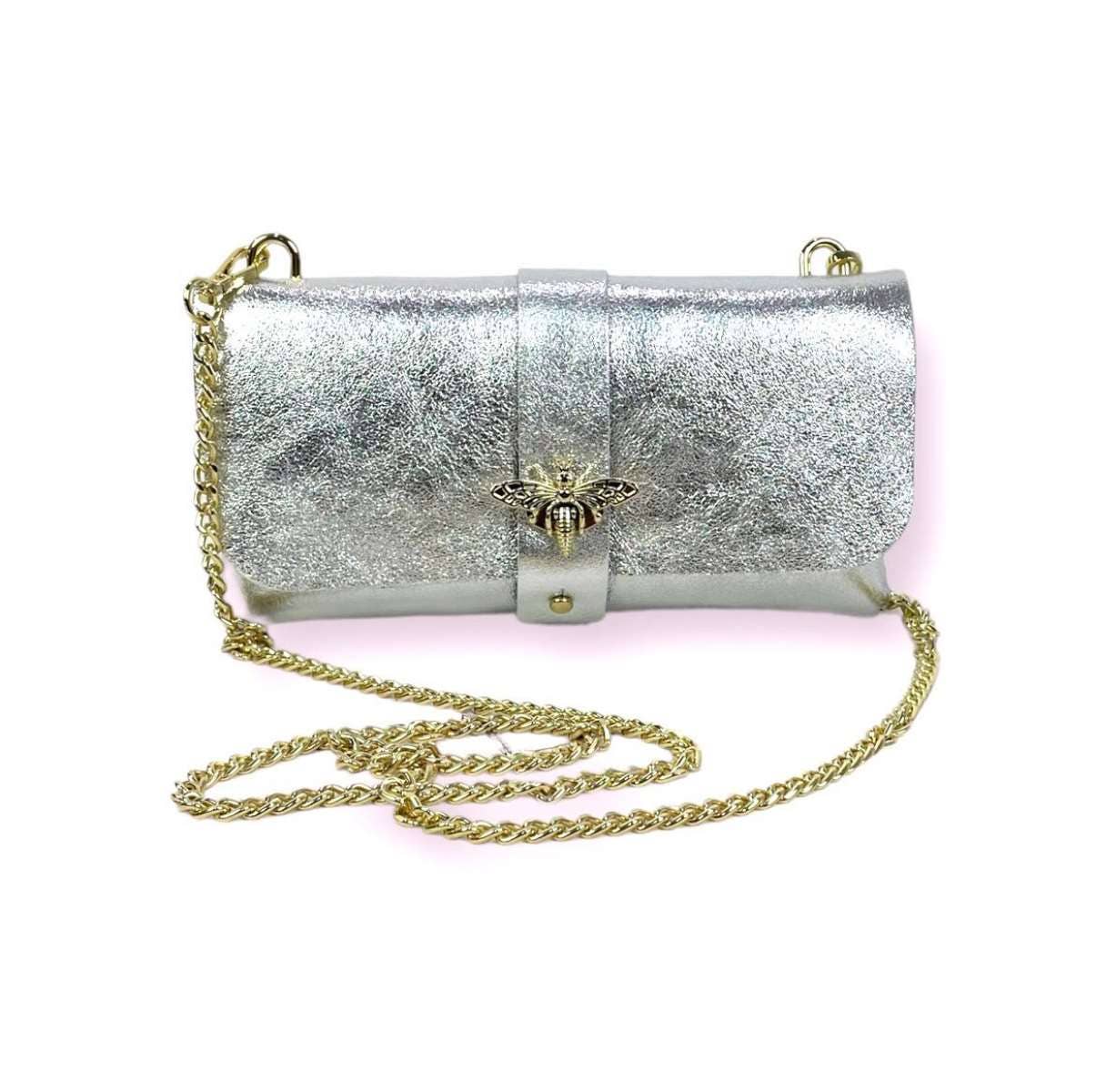 Women's Leather Party Bag with Chain Handle and Shine Effect