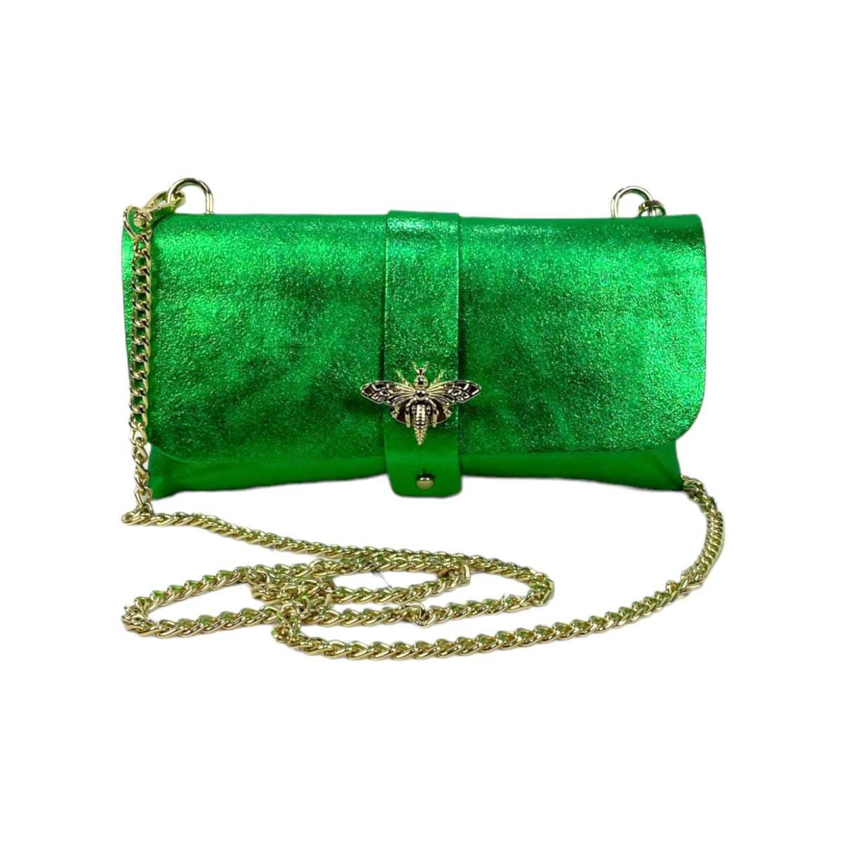 Women's Leather Party Bag with Chain Handle and Shine Effect