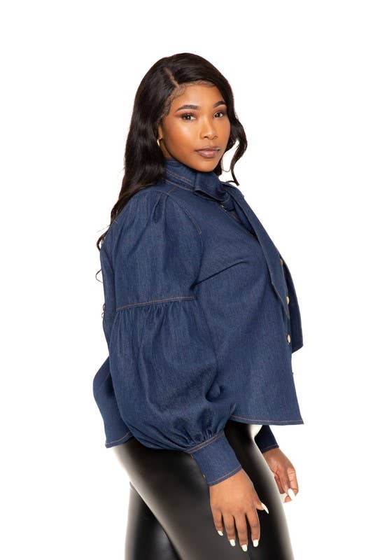 Denim Puff Sleeve Blouse With Tie