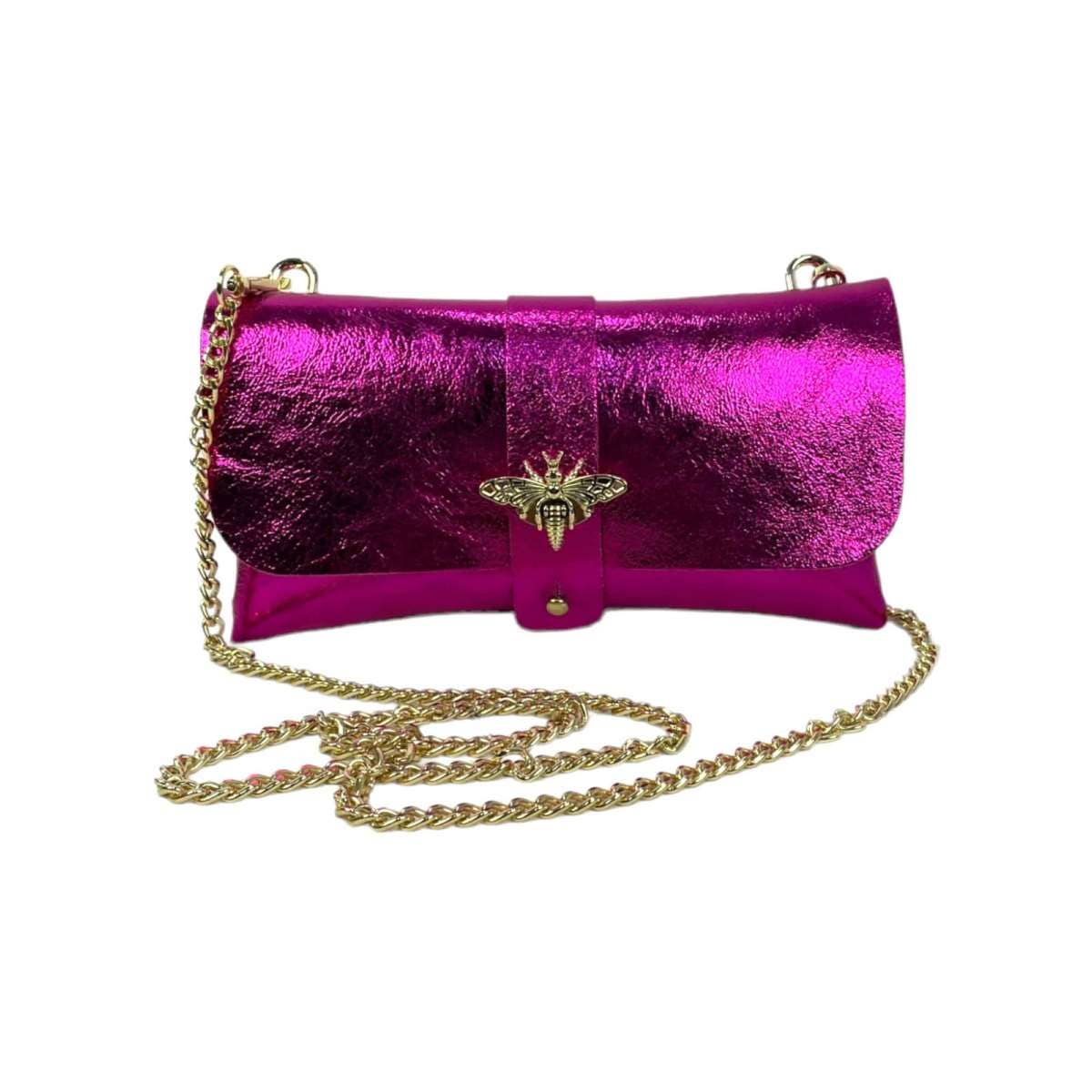 Women's Leather Party Bag with Chain Handle and Shine Effect