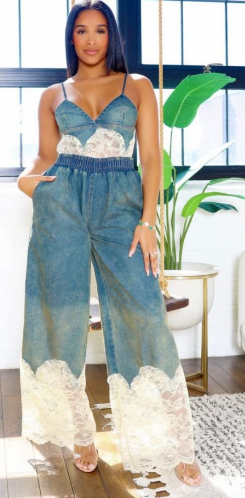 Denim and lace jumpsuit