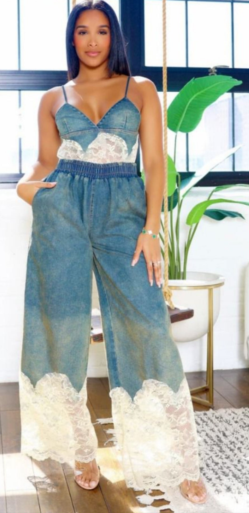Denim and lace jumpsuit