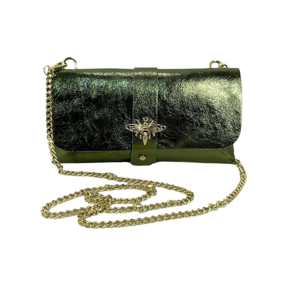 Women's Leather Party Bag with Chain Handle and Shine Effect