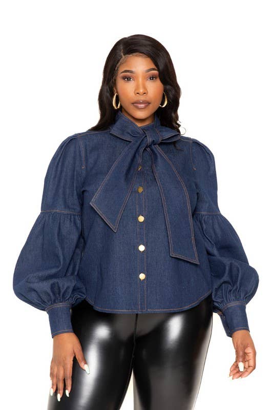 Denim Puff Sleeve Blouse With Tie