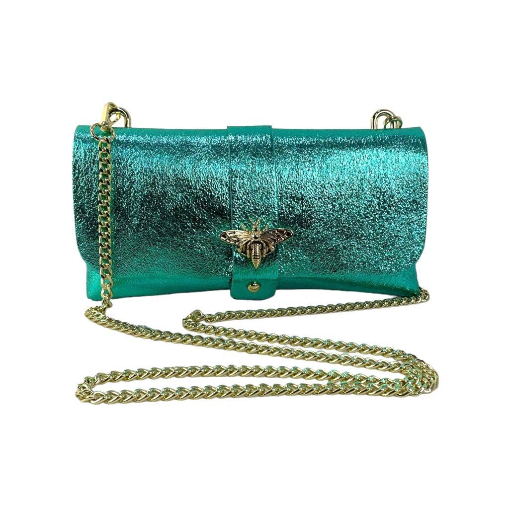 Women's Leather Party Bag with Chain Handle and Shine Effect