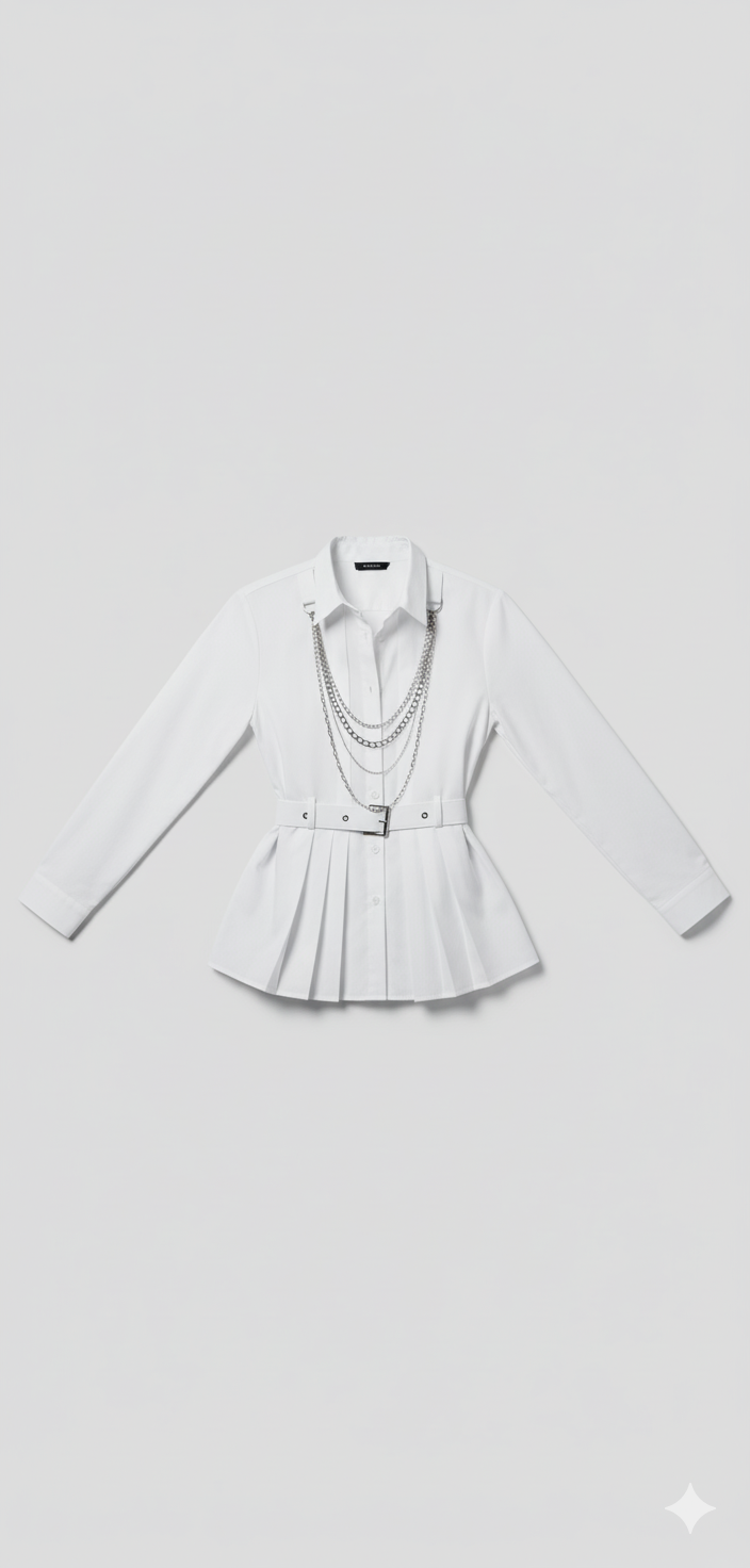 White pleated shirt with detachable chain