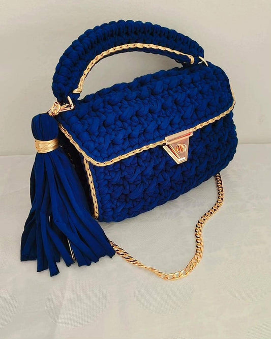 CHQEL Blue gold Clutch Bag for Women Handmade Crochet Purse