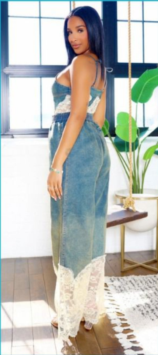 Denim and lace jumpsuit