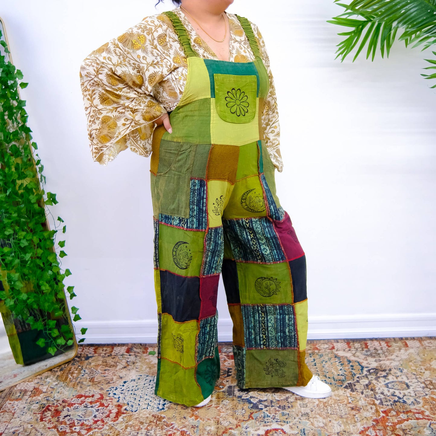 Bohemian Patchwork Wide Leg Jumpsuit with Pocket