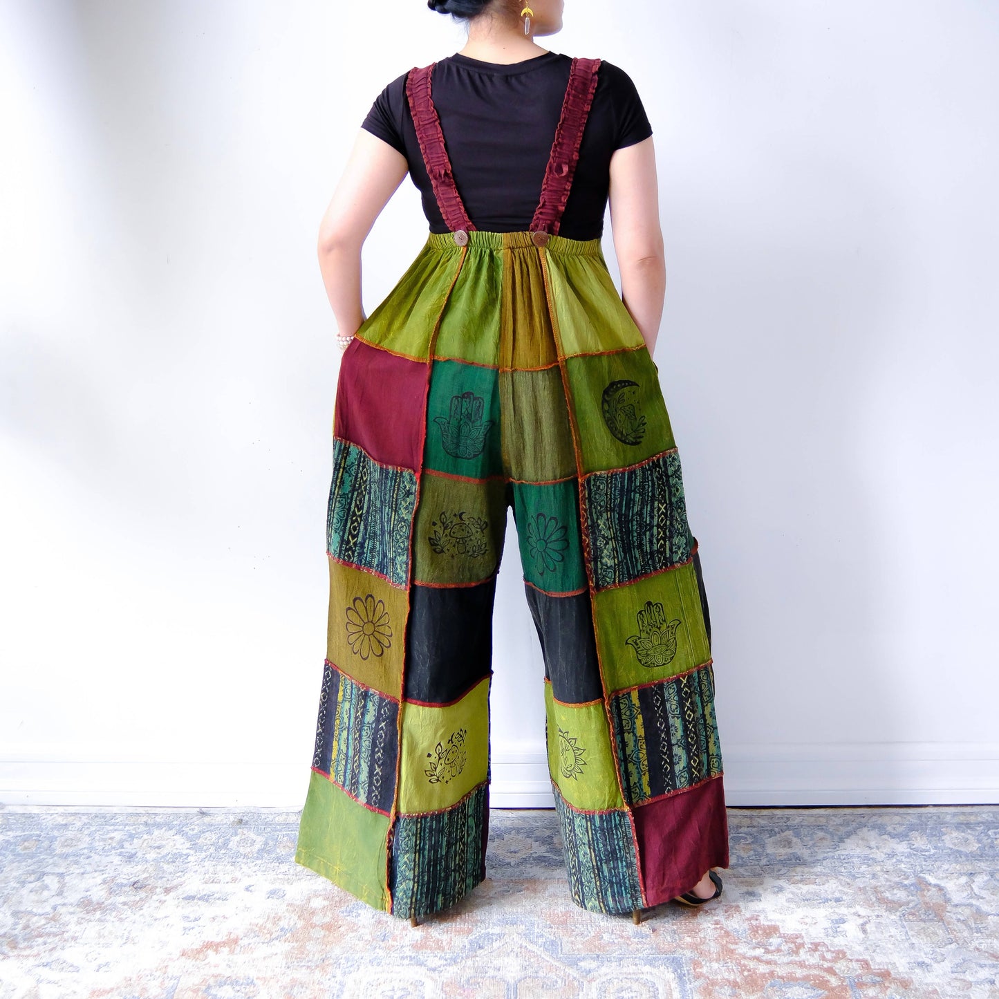 Bohemian Patchwork Wide Leg Jumpsuit with Pocket