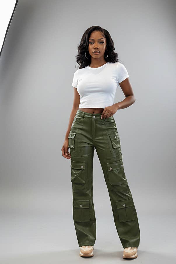 FAUX LEATHER CARGO PANTS