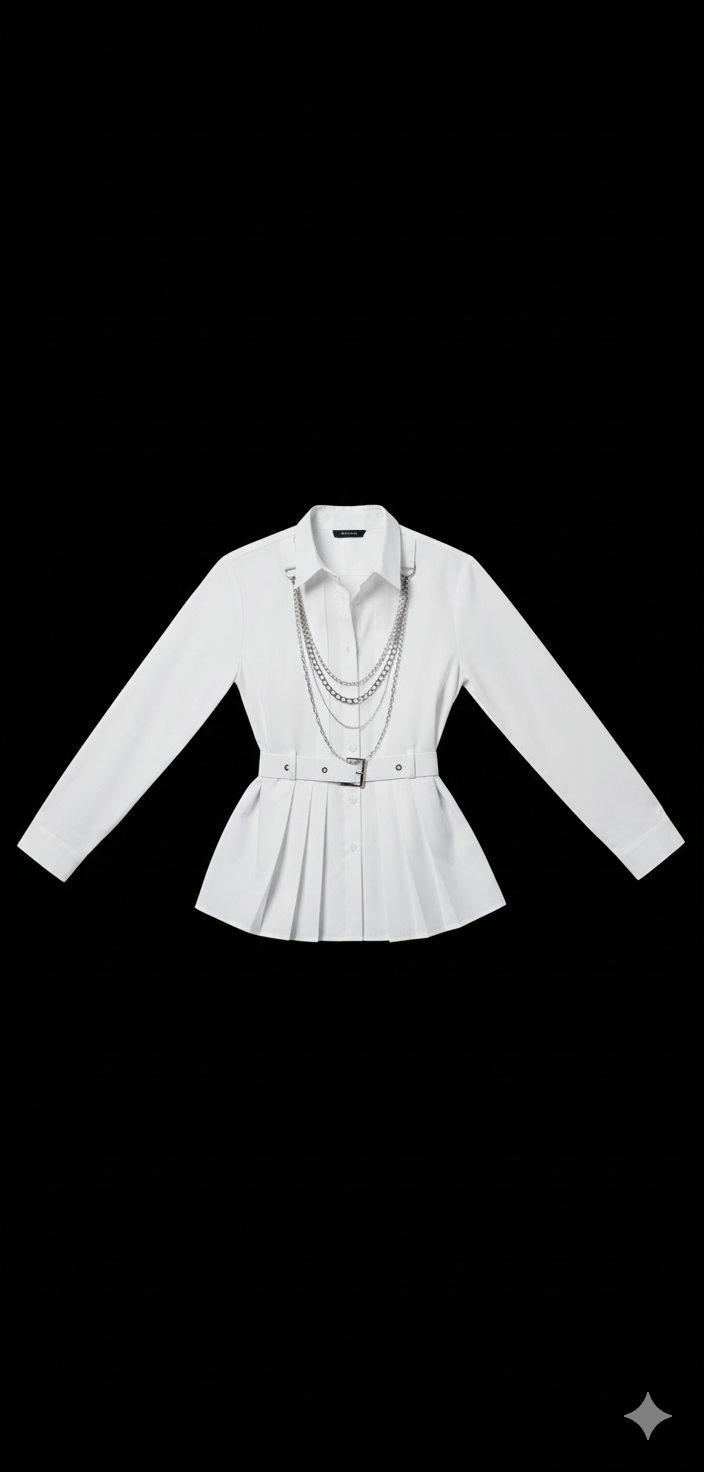 White pleated shirt with detachable chain