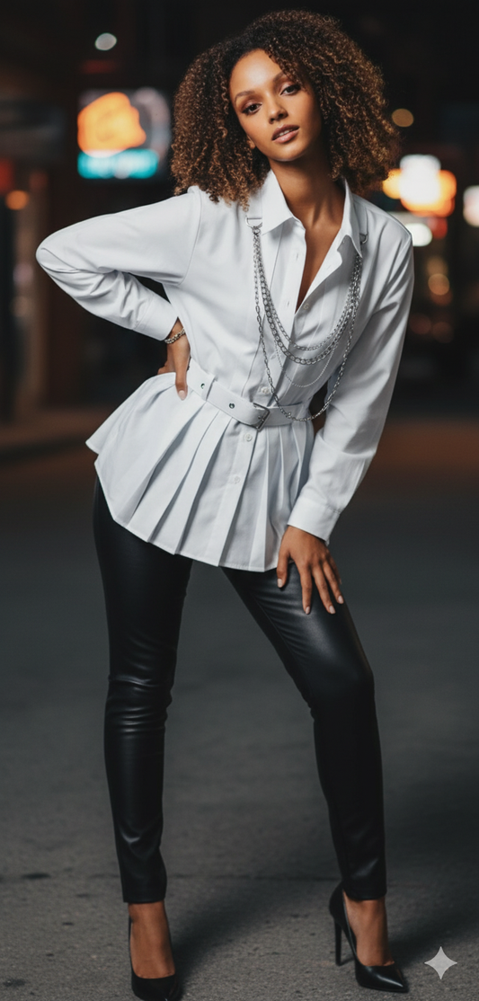 White pleated shirt with detachable chain